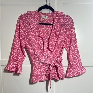 Aritzia Pink and White Bell Sleeve Wrap Blouse Little Moon